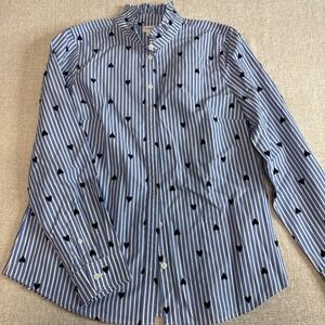 J Crew Womens Sz M - Ruffle Neck Long Sleeve Button Down Blue/white Stripe/heart
